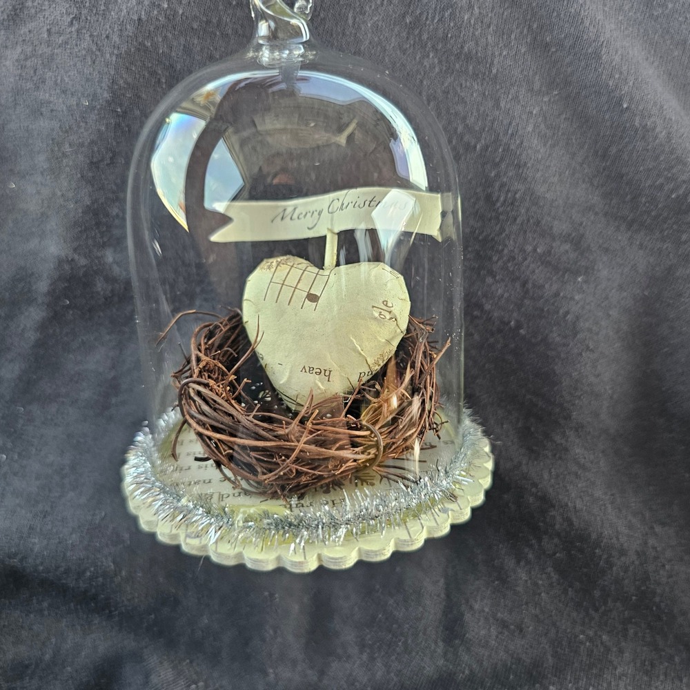 Handmade Christmas Cloche Ornament Glass Dome Bird Nest Sheet Music Heart Tiny